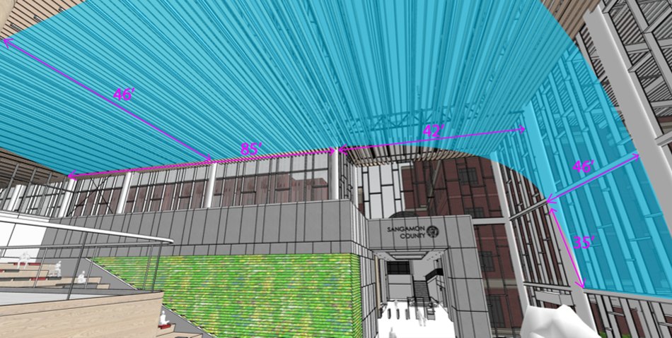 Engineering diagram of the curved LED canopy showing an 85-foot span