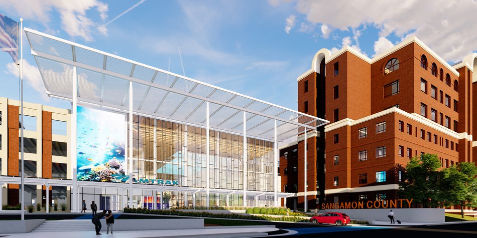 Springfield Transportation Hub exterior with Amtrak and Sangamon County building