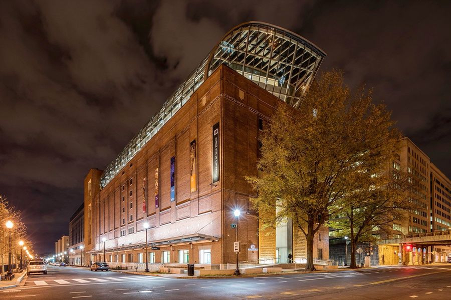 Museum of the Bible building exterior at night, Washington D.C.