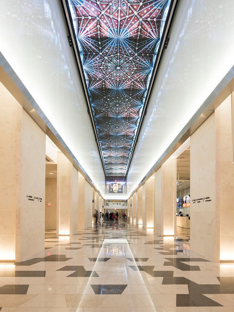 Museum of the Bible Grand Hall marble concourse beneath the digital ceiling